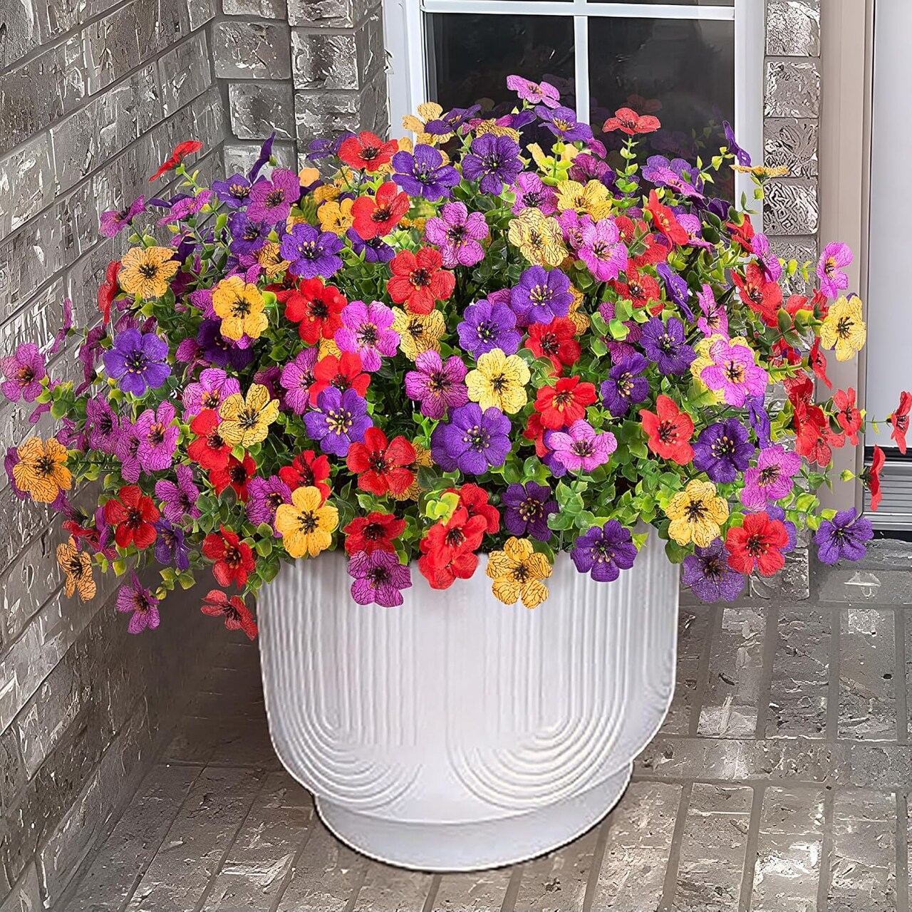 12 Bundles Artificial Outdoor Daisy Flowers with Eucalyptus Leaves, UV Resistant Faux Silk Plants for Porch, Patio, Garden, Window Box, Lawn and Home Spring Summer Decor
